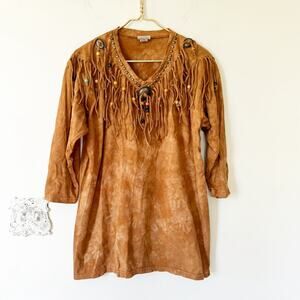 Vintage 80s Cactus Southwestern Concho Beaded Fringe Tunic T Shirt Mini Dress S